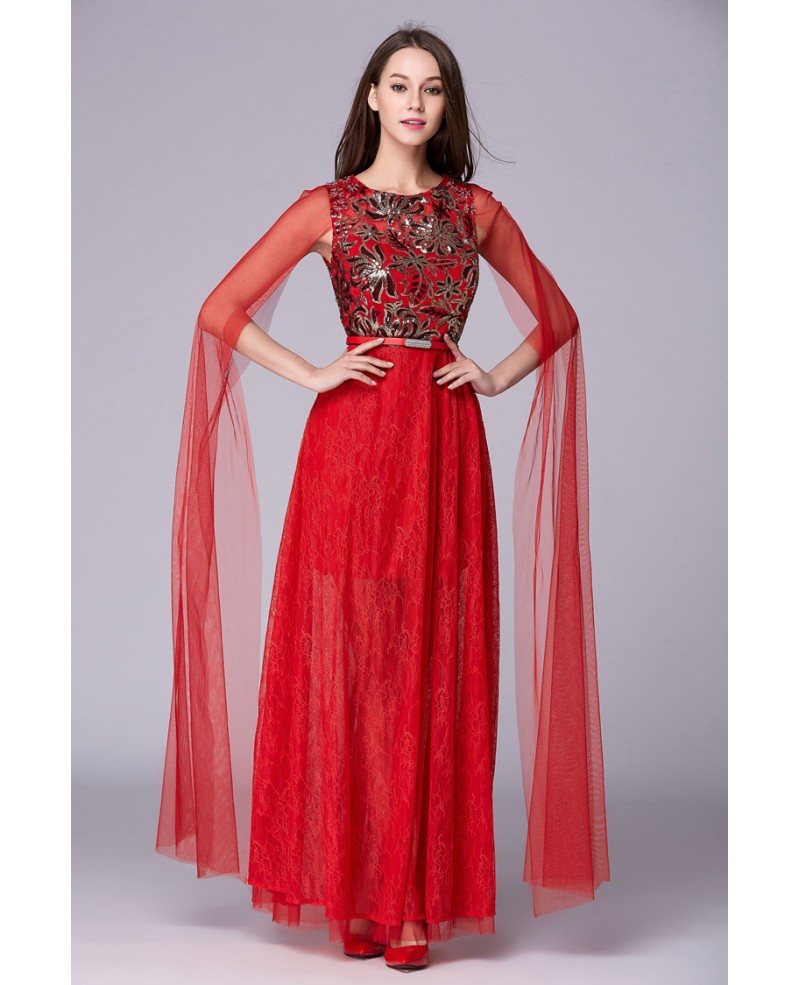 Chic A-Line Embroided Lace Long Prom Dress With Ruffle