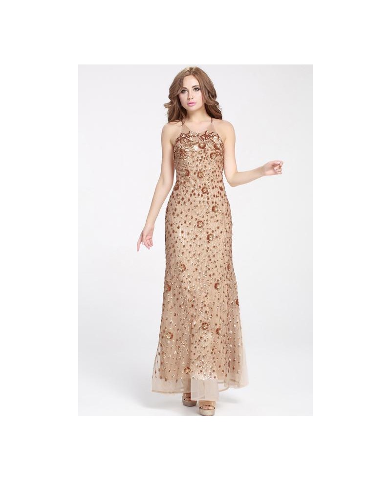 Long Halter Sequins Champagne Dress Sexy Open Back
