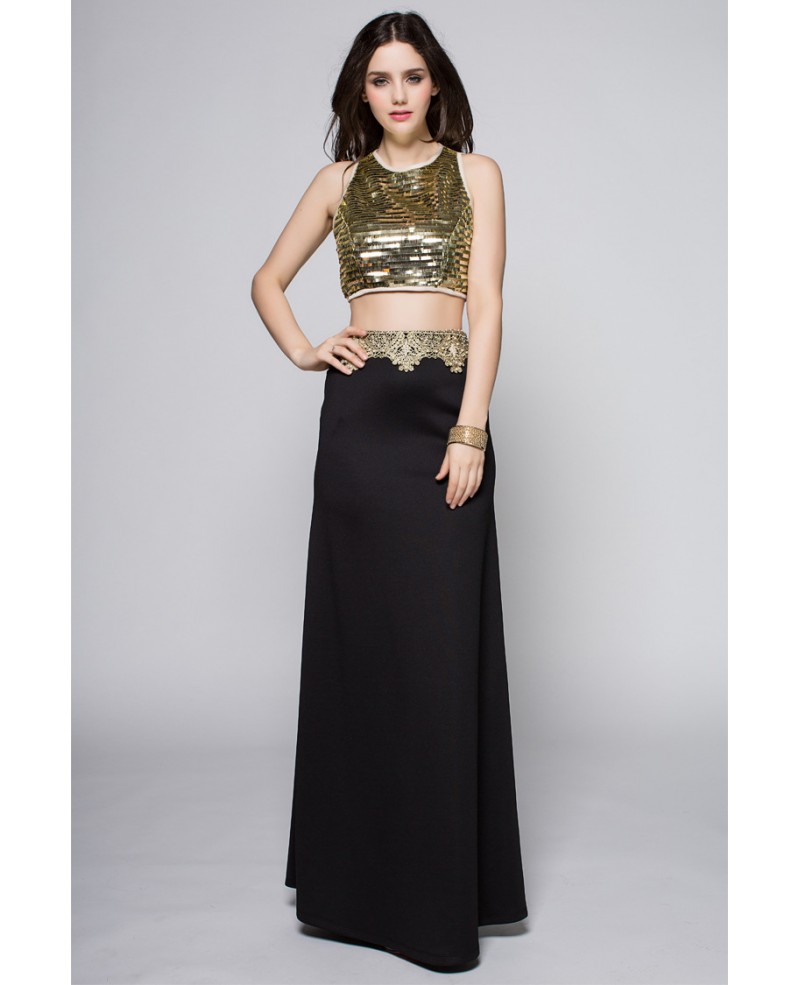 Chic Two-Pieces Polyster Prom Dress With Sequined Top - Click Image to Close