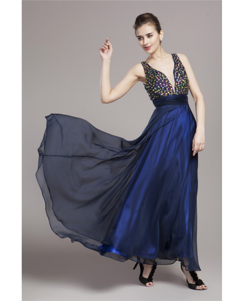 Sexy A-Line V-neck Chiffon Long Prom Dress With Beading