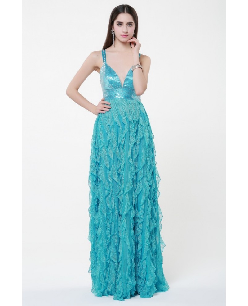 Speical V-neck High Waist Tulle Long Prom Dress With Ruffle