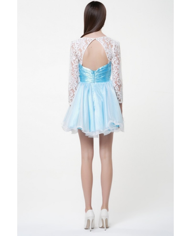 Unique Lace Sleeved Chiffon Prom Cocktail Dresses White and Blue - Click Image to Close
