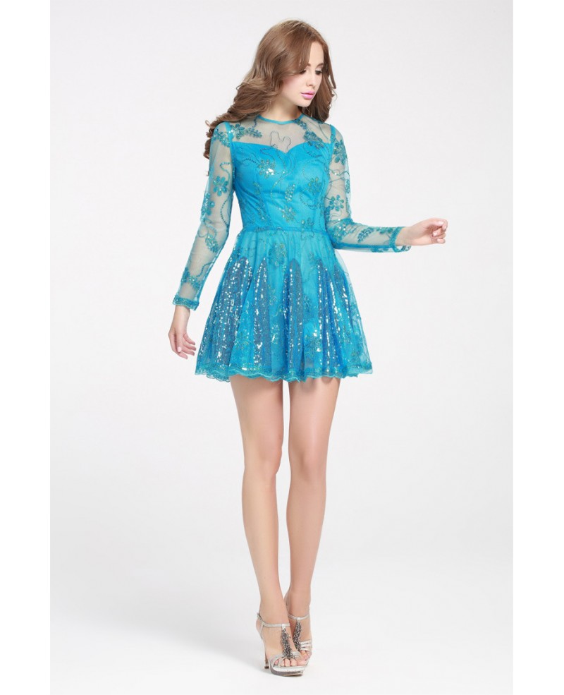 Blue Sequins Mini Short Prom Dress with Long Sleeves - Click Image to Close