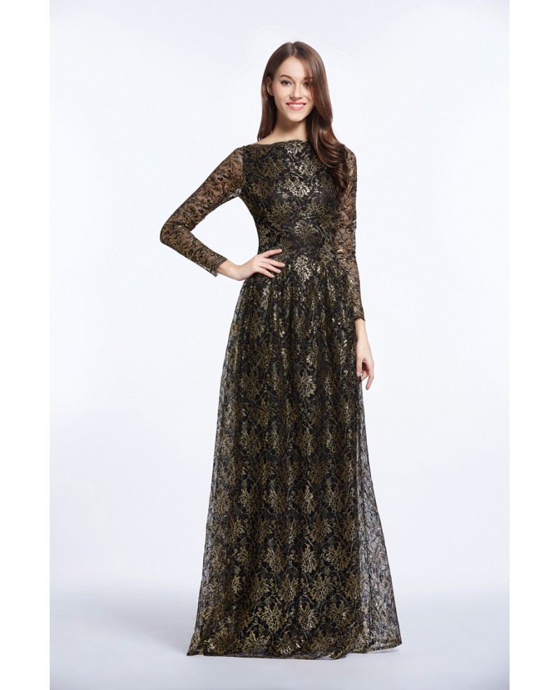 Elegant Black Embroided Long Formal Dress With Long Sleeves - Click Image to Close