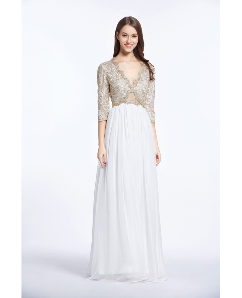 Stylish A-Line V-neck Embroided Chiffon Long Prom Dress With Sleeves
