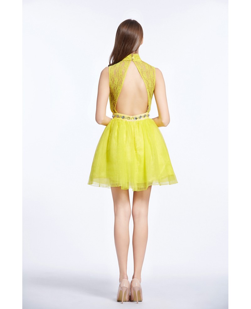 Chic High Neck Tulle Lace Short Prom Dress With Beading