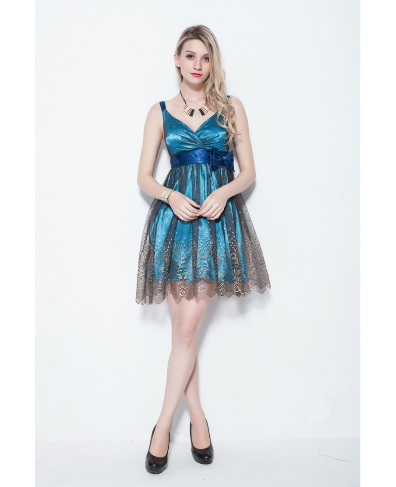 Blue and Black Floral Bronzing Tulle Beaded Dress for Girls