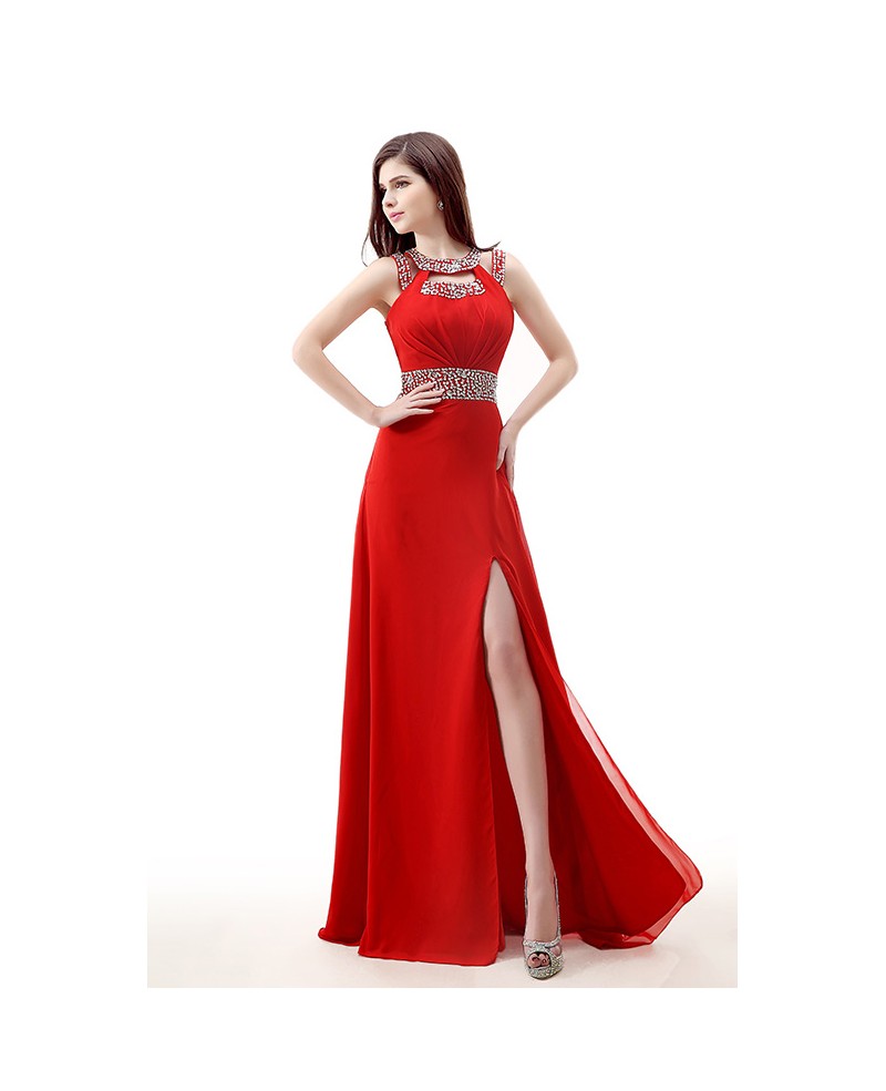 Sequined Neckline Empire Waist Split Front Chiffon Prom Dress - Click Image to Close