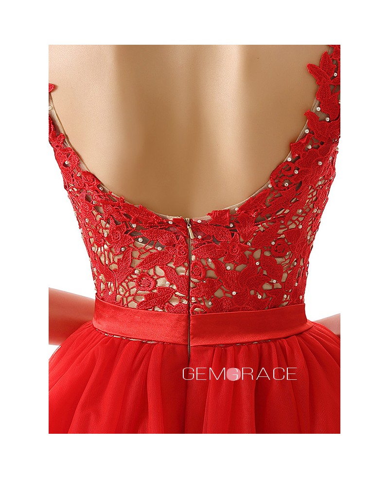 A-Line Scoop Neck Short Tulle Prom Dress With Appliques Lace - Click Image to Close