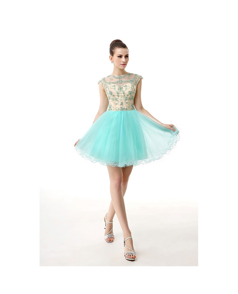 A-Line Scoop Neck Short Tulle Prom Dress With Beading Appliques Lace