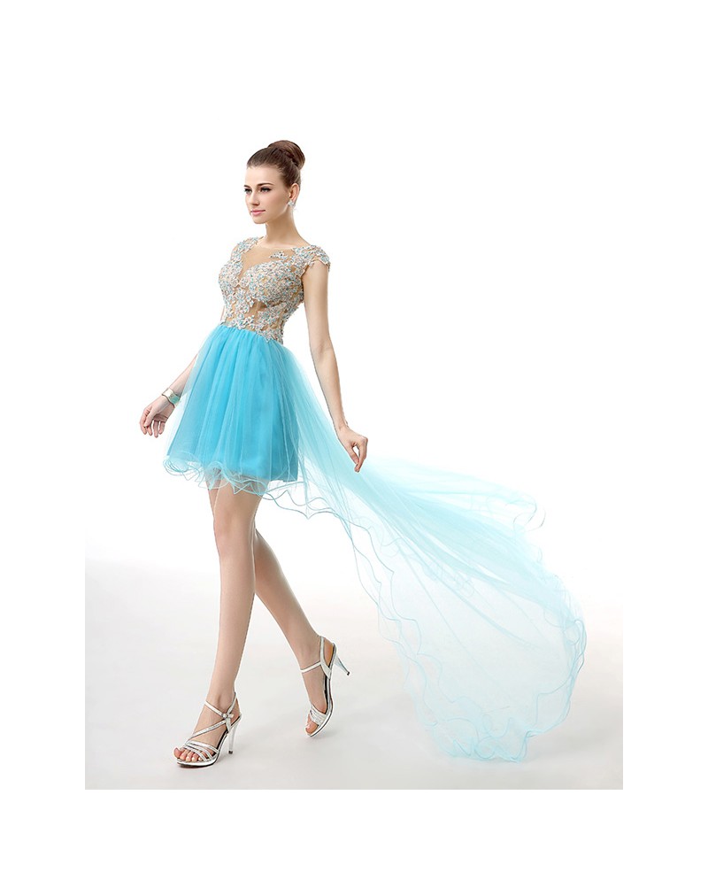 A-Line Scoop Neck Short Tulle Dress With Beading Appliques Lace