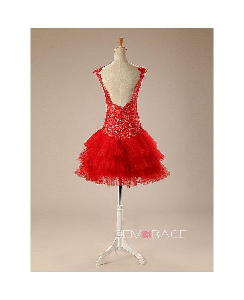 A-Line Scoop Neck Short Tulle Prom Dress With Appliques Lace