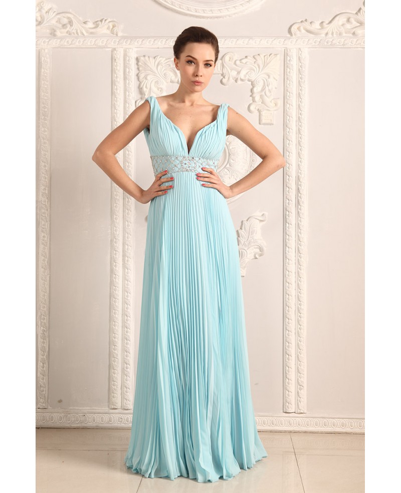 A-line V-neck Chiffon Floor-length Prom Dresses With Beading