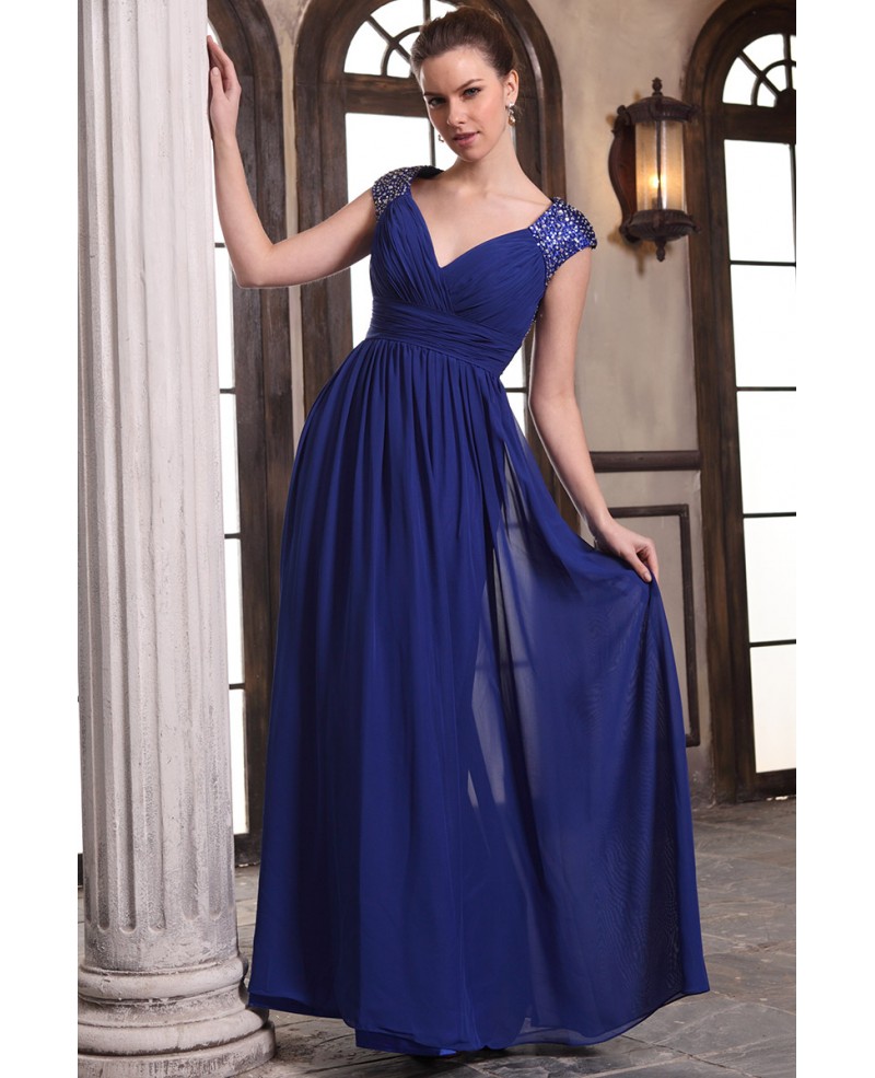 A-line V-neck Chiffon Floor-length Prom Dresses With Beading