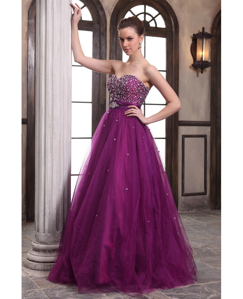 Ball-goen Sweatheart Tulle Floor-length Prom Dresses With Beading - Click Image to Close
