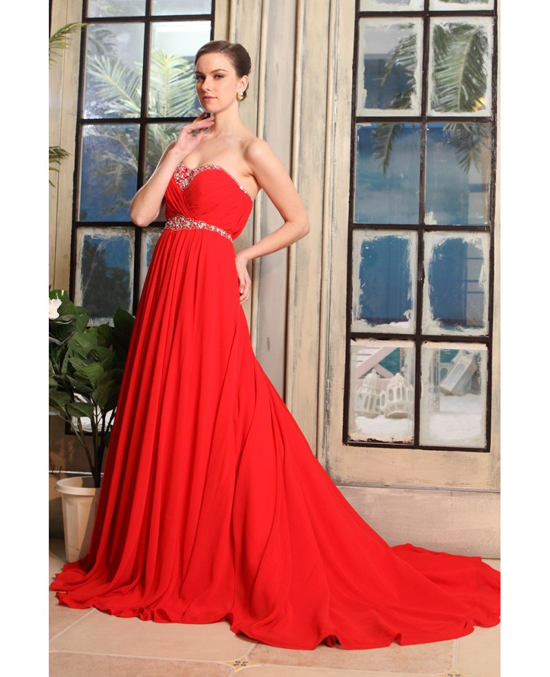 A-line Sweetheart Court Train Chiffon Evening Dress With Beading