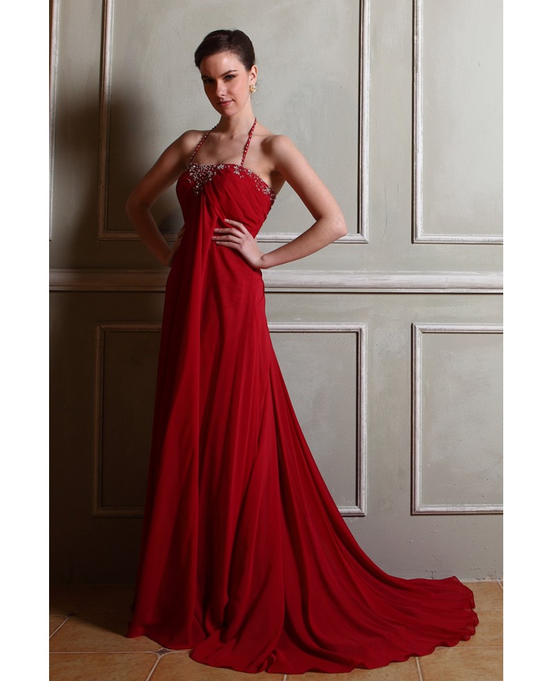 A-line Halter Sweep Train Chiffon Evening Dress With Beading