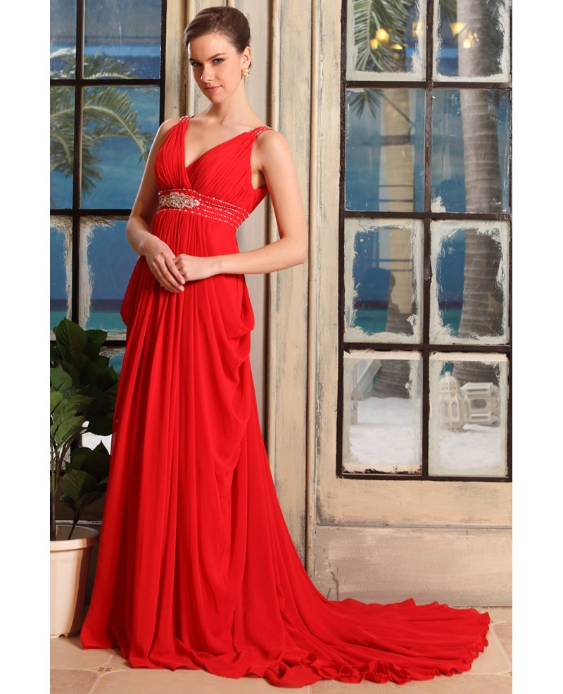 Ball-gown V-neck Sweep Train Chiffon Evening Dress With Beading