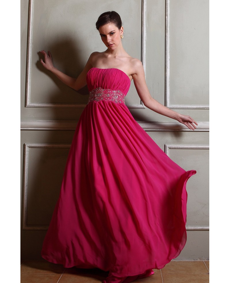 A-line Strapless Sweep Train Chiffon Prom Dress With Beading