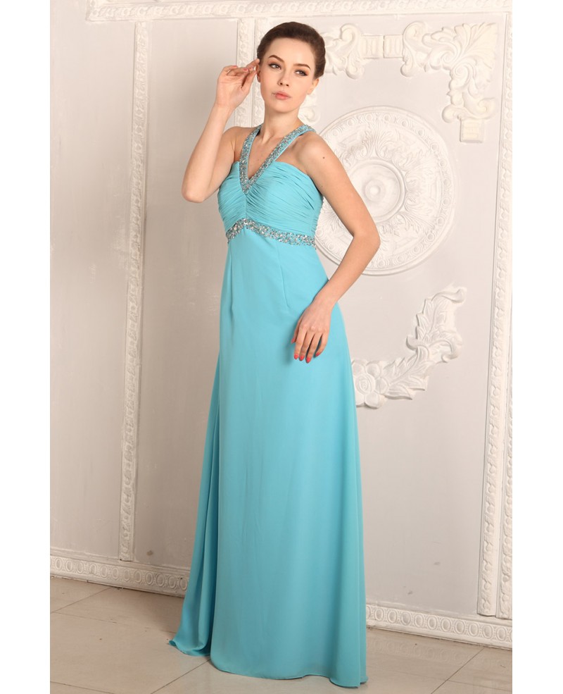 A-line V-neck Chiffon Floor-length Prom Dress With Beading - Click Image to Close