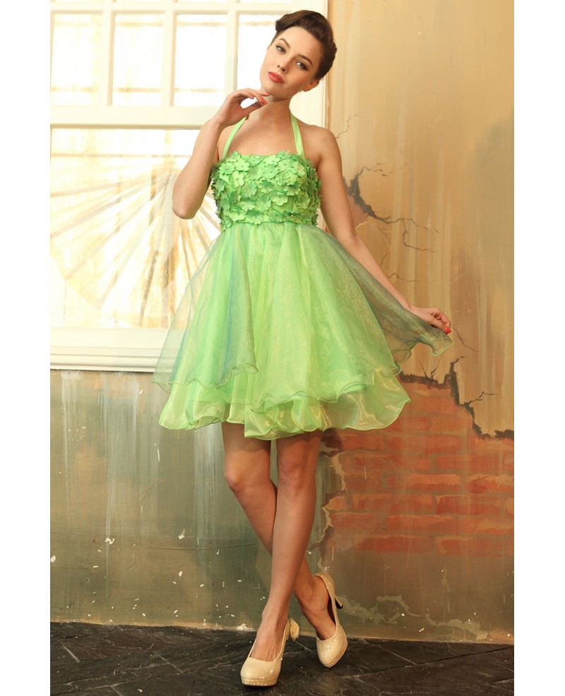 A-line Halter Tulle Short Prom Dress With Flowers - Click Image to Close