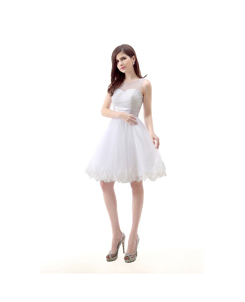 A-Line Scoop Neck Short Tulle Prom Dress With Pearl Appliques Lace - Click Image to Close