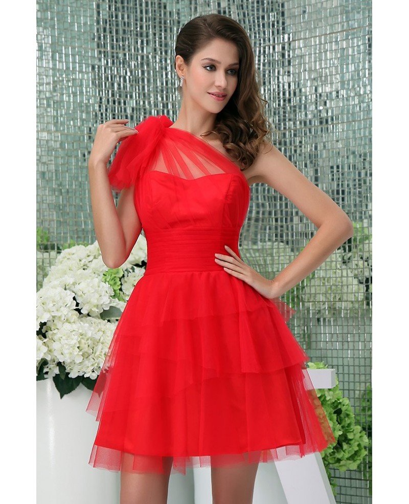 A-line One-shoulder Short Tulle Homecoming Dress With Ruffle - Click Image to Close