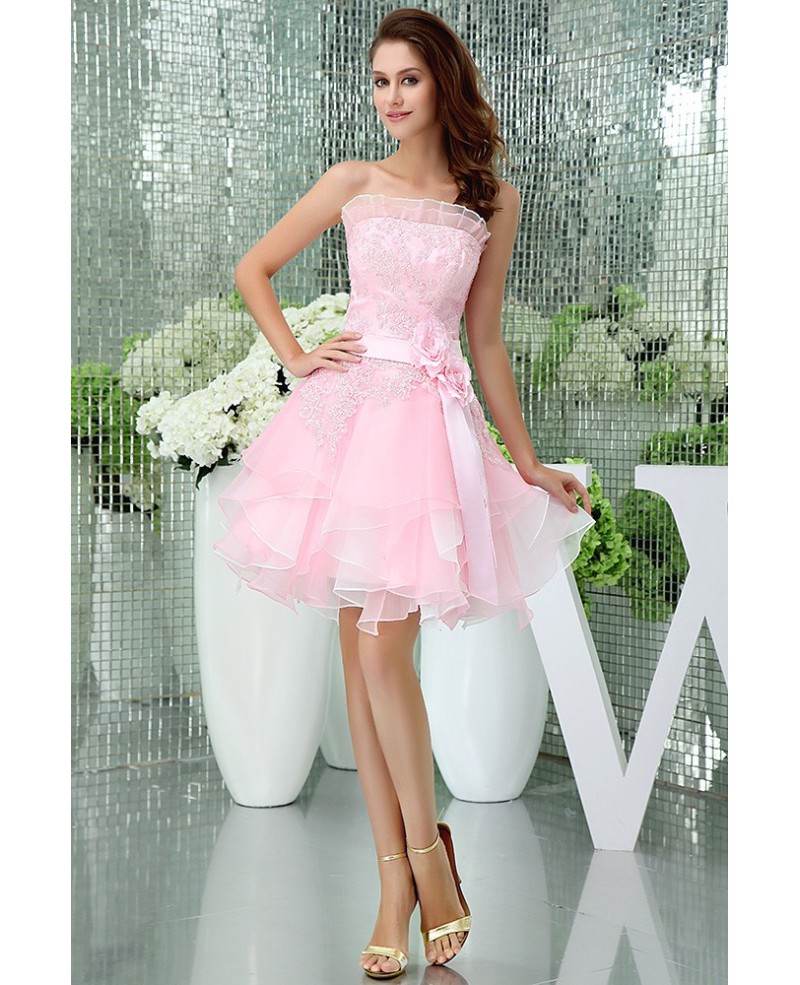 A-line Strapless Short Tulle Homecoming Dress With Appliques Lace - Click Image to Close