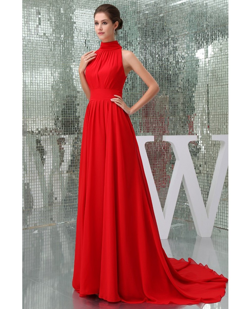 A-line High Neck Sweep Train Chiffon Evening Dress - Click Image to Close