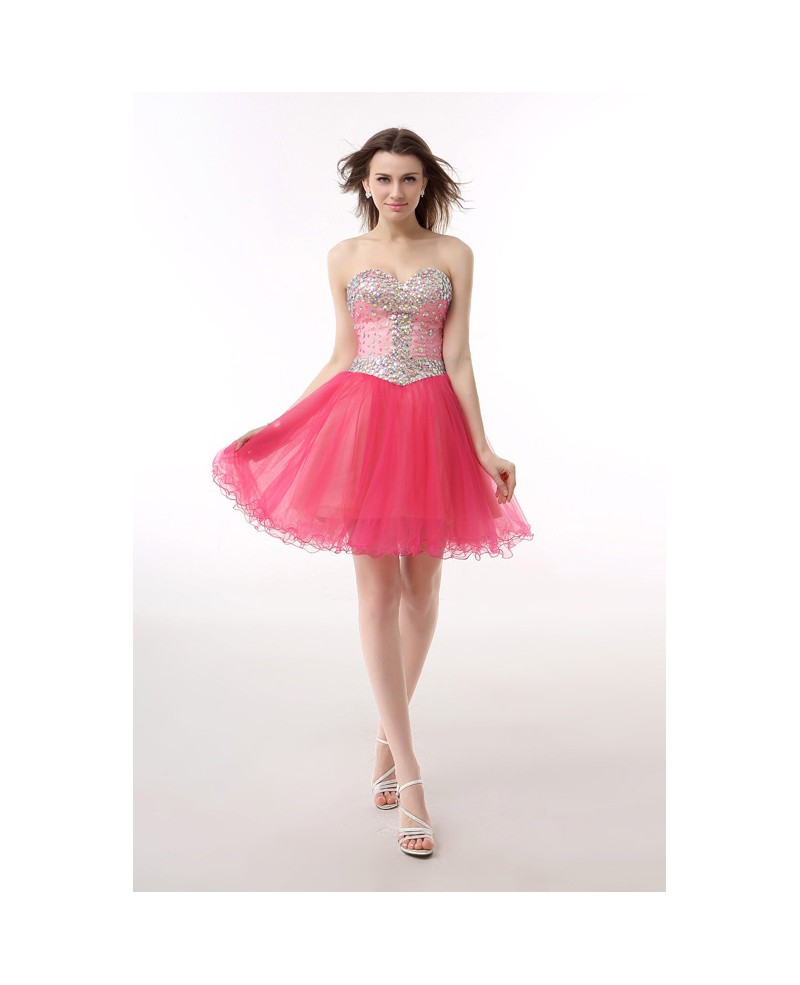 A-Line Sweetheart Short Tulle Prom Dress With Beading - Click Image to Close