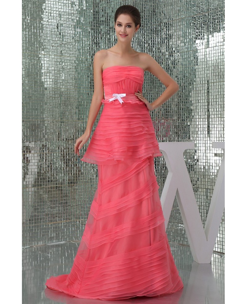 Sheath Strapless Sweep Train Tulle Evening Dress