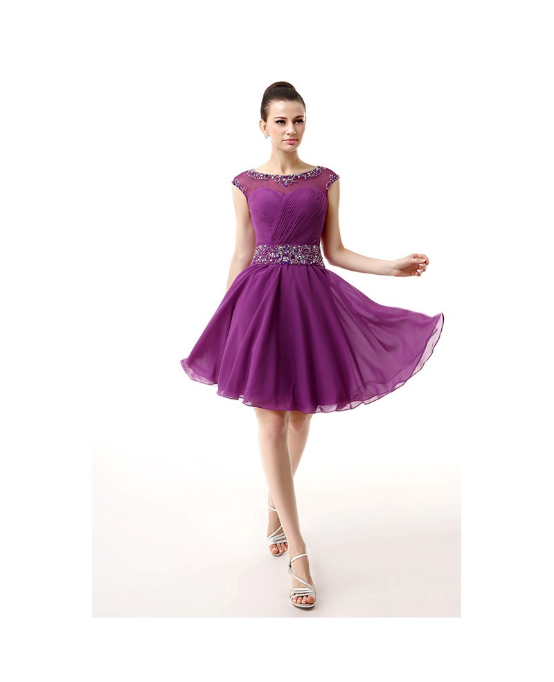 A-Line Scoop Neck Short Chiffon Prom Dress With Beading - Click Image to Close