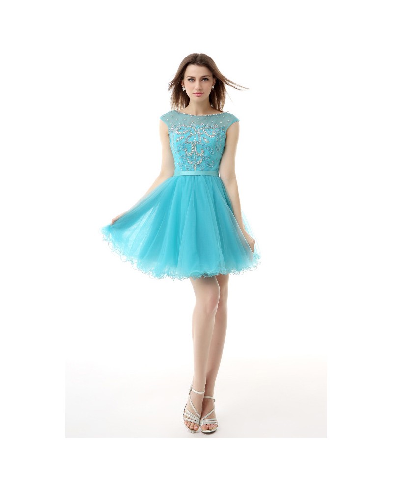 A-Line Scoop Neck Short Tulle Prom Dress With Appliques Lace - Click Image to Close