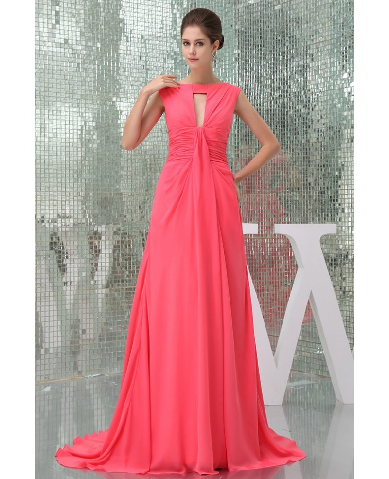 A-line High Neck Sweep Train Chiffon Evening Dress