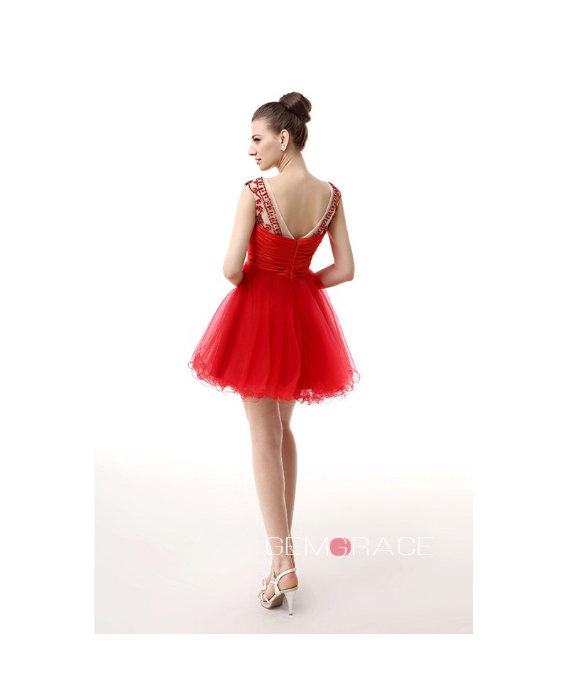 A-Line Scoop Neck Short Tulle Prom Dress With Beading - Click Image to Close
