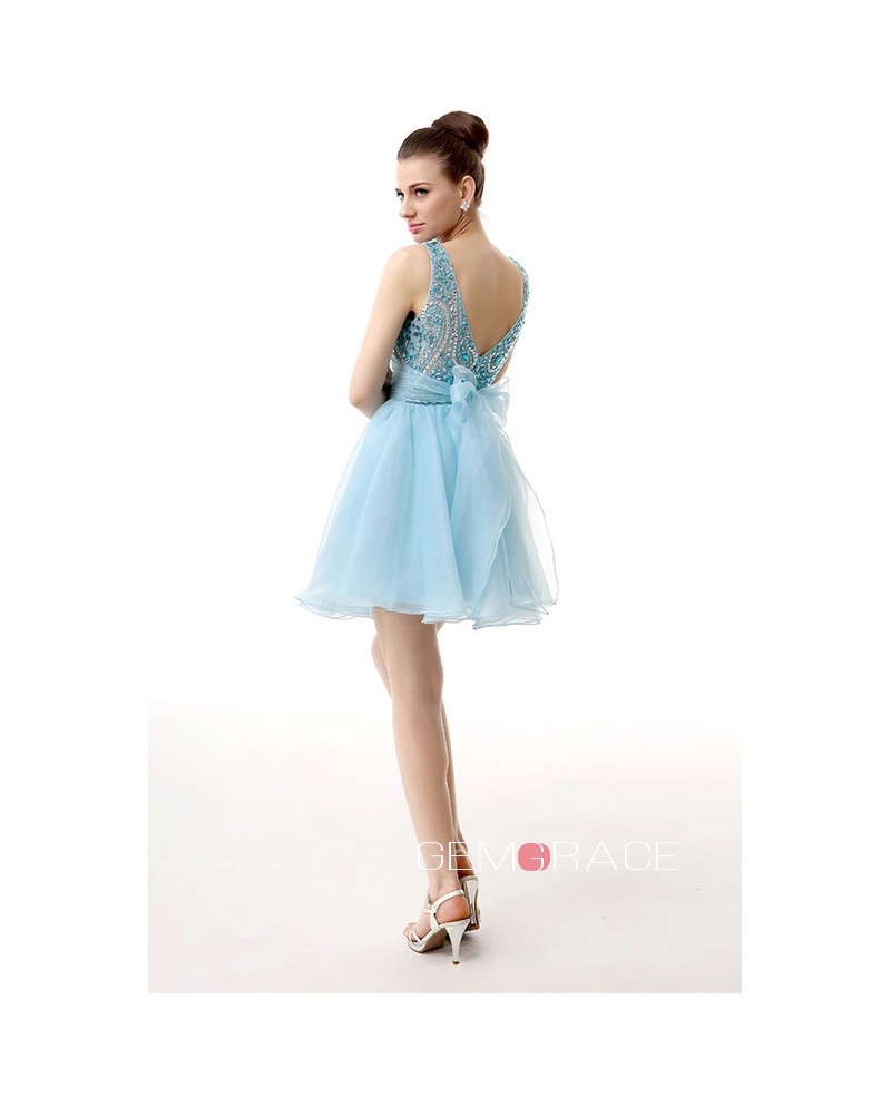 A-Line Scoop Neck Short Organza Prom Dress With Appliques Lace