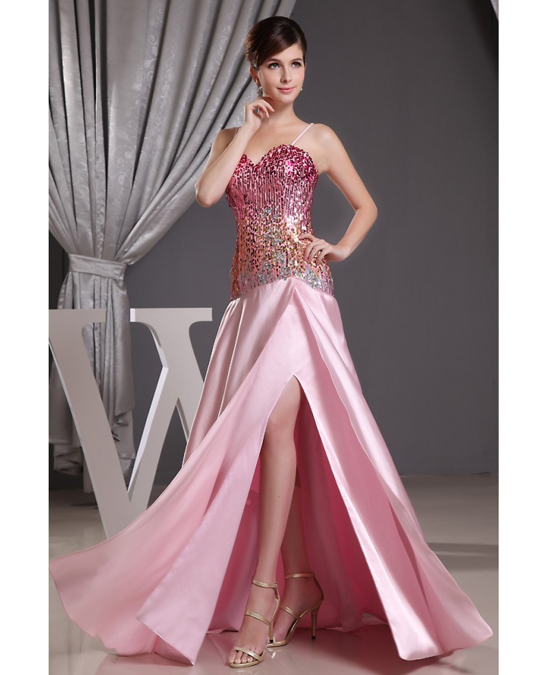 Sheath Sweetheart Floor-length Satin Prom Dress With Sequins Split