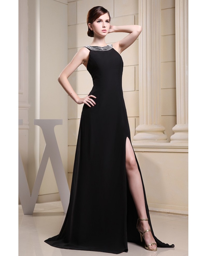 A-line Scoop Neck Sweep Train Chiffon Evening Dress With Split - Click Image to Close