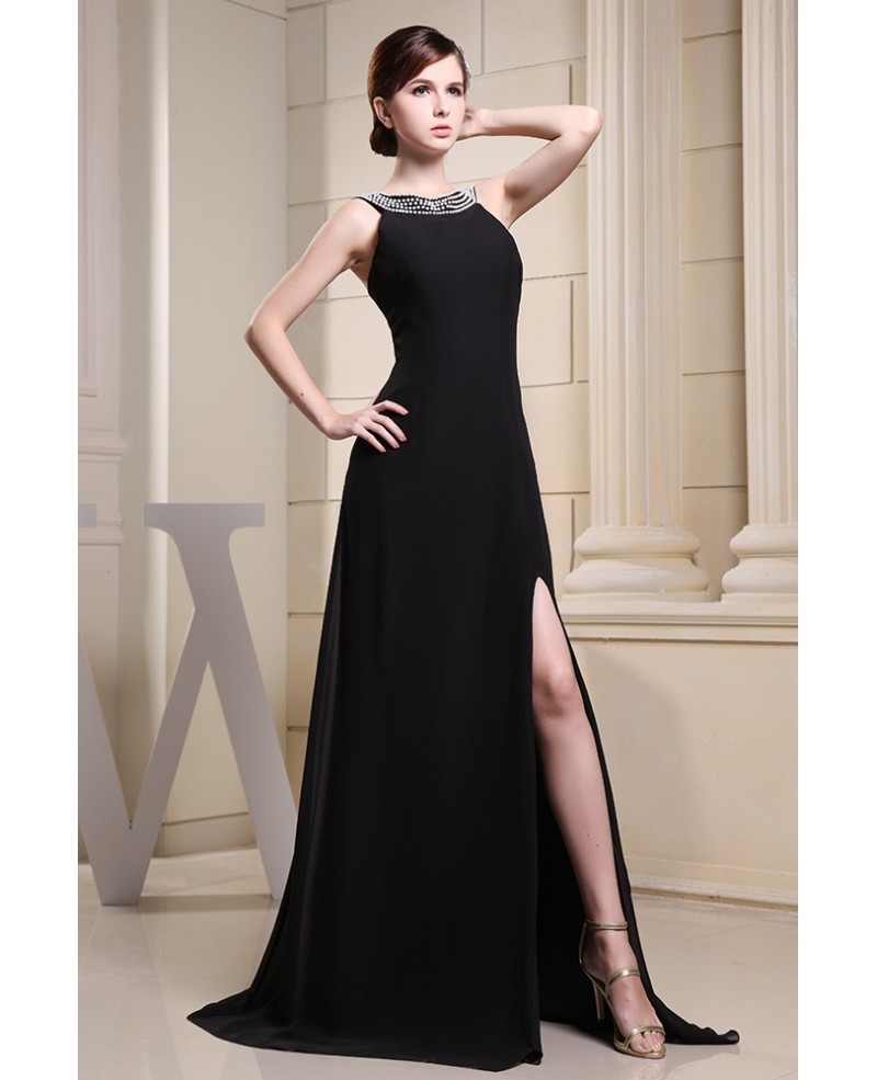 A-line Scoop Neck Sweep Train Chiffon Evening Dress With Split