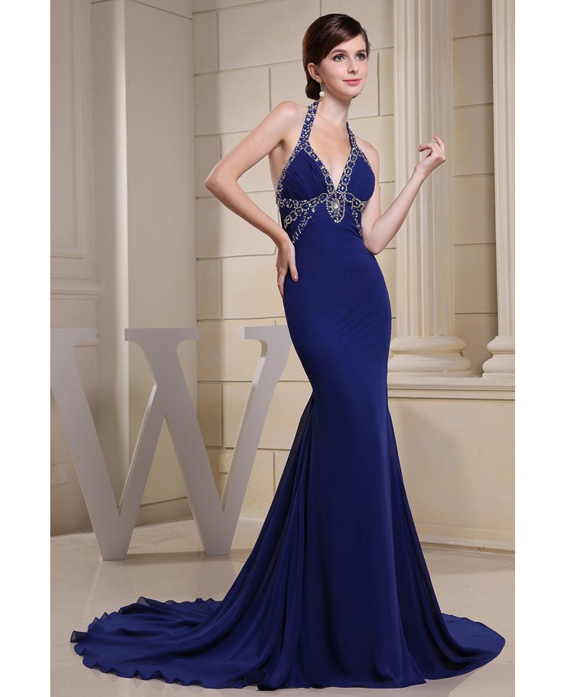 Mermaid Halter Court Train Chiffon Evening Dress With Beading