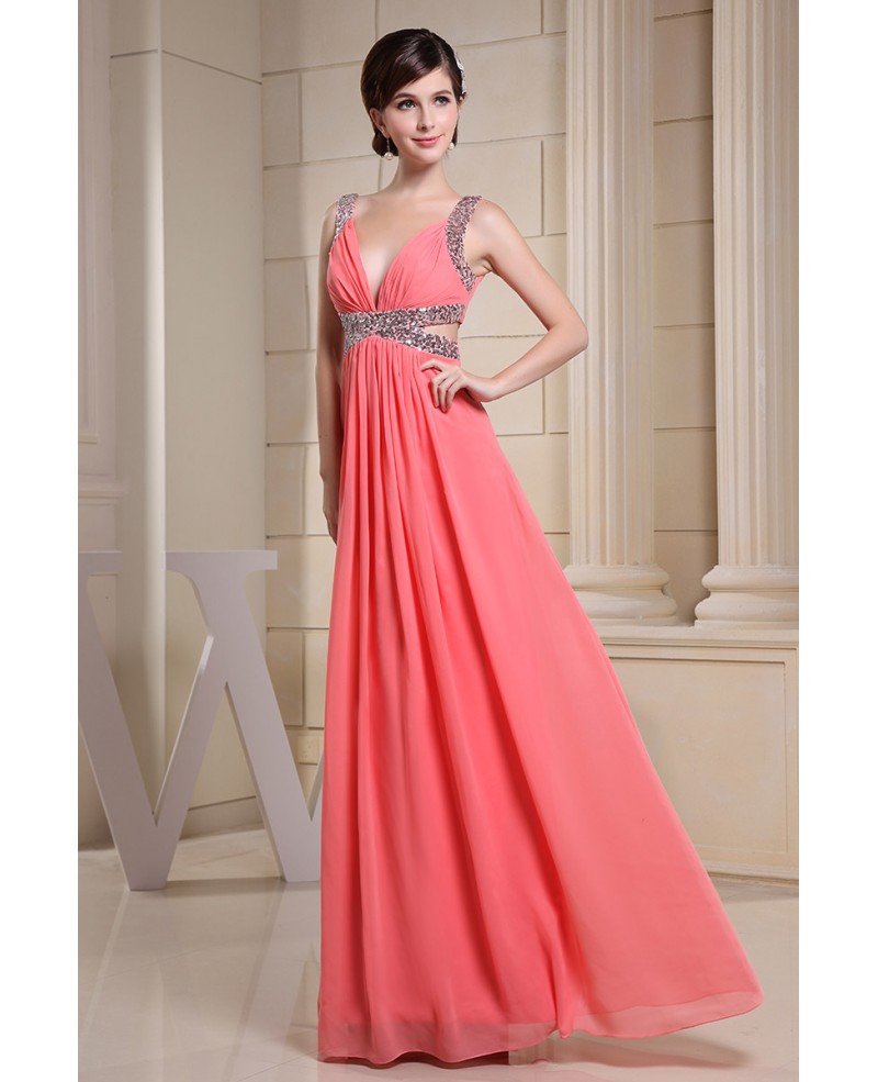 A-line V-neck Floor-length Chiffon Prom Dress With Beading