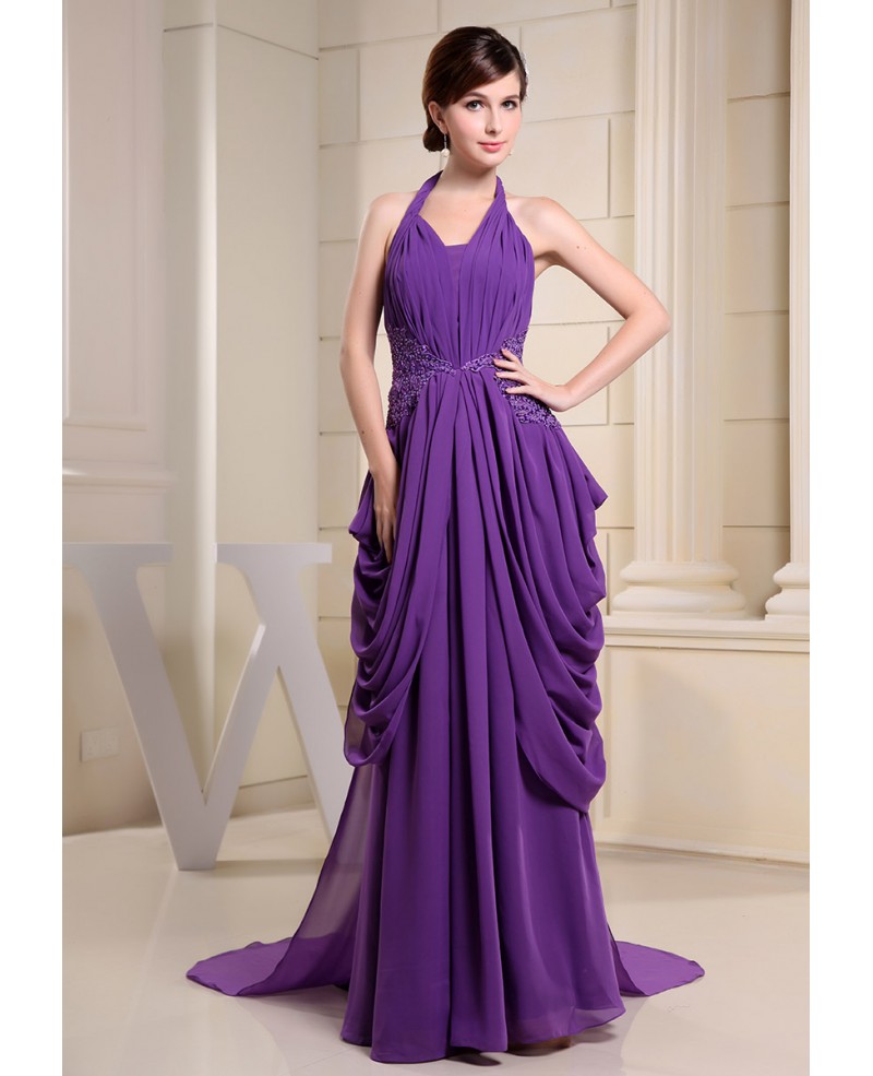 Ball-gown Halter Sweep Train Chiffon Evening Dress With Beading