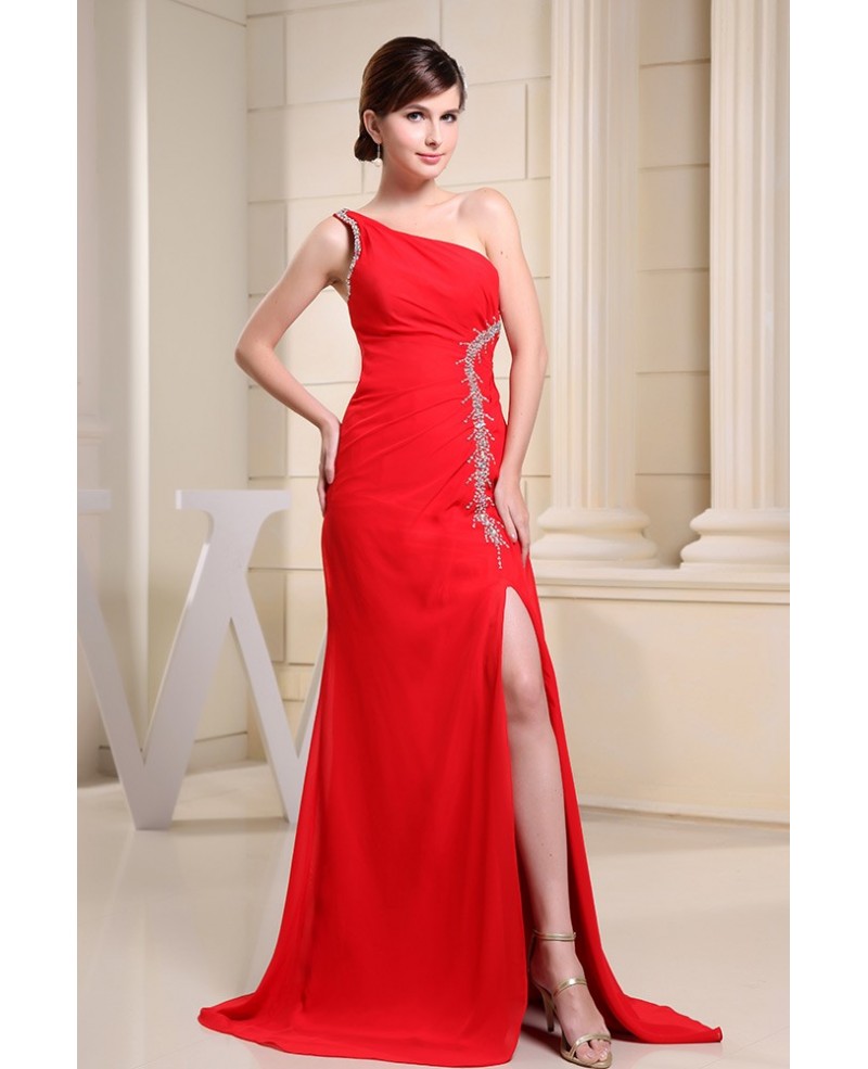 Sheath One-shoulder Floor-length Chiffon Evening Dress With Beading - Click Image to Close