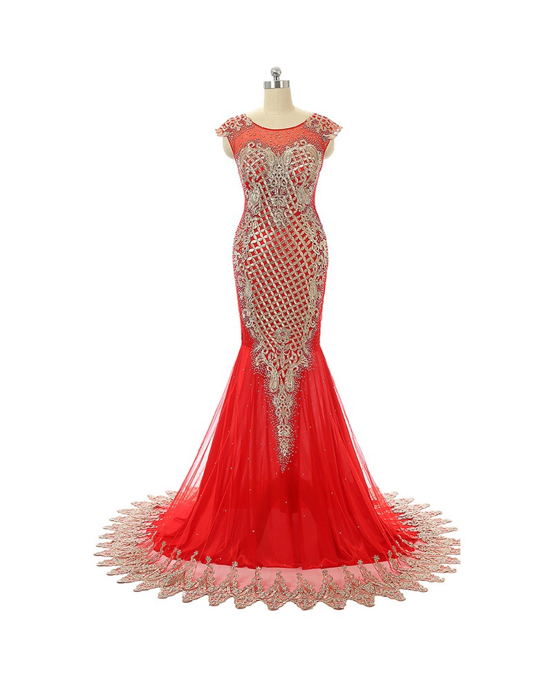 Red Mermaid Scoop Sweep-train Prom Dress with Beading