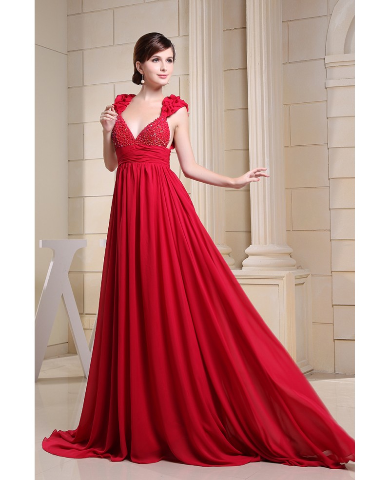 A-line V-neck Floor-length Chiffon Evening Dress With Beading