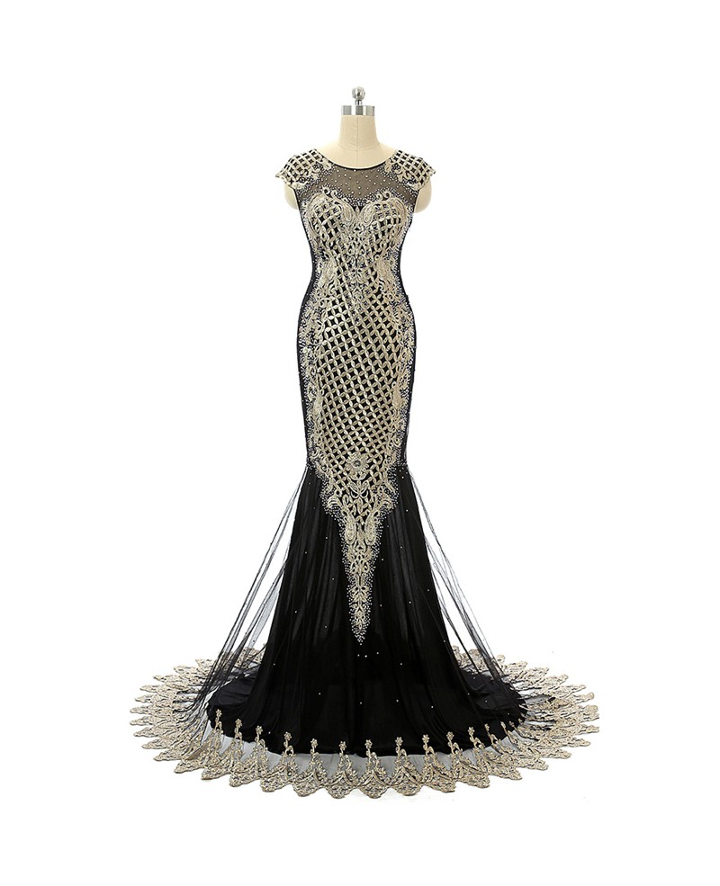 Black Mermaid Scoop Sweep-train Prom Dress with Beading - Click Image to Close