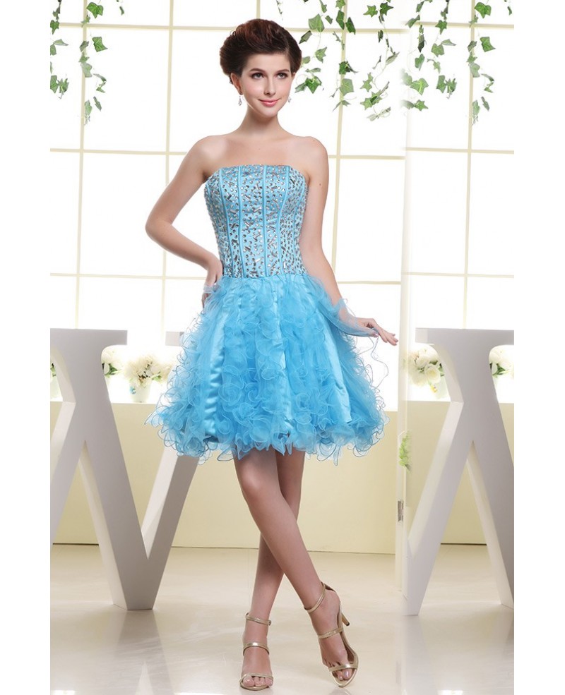 A-line Strapless Short Tulle Prom Dress With Cascading Ruffle