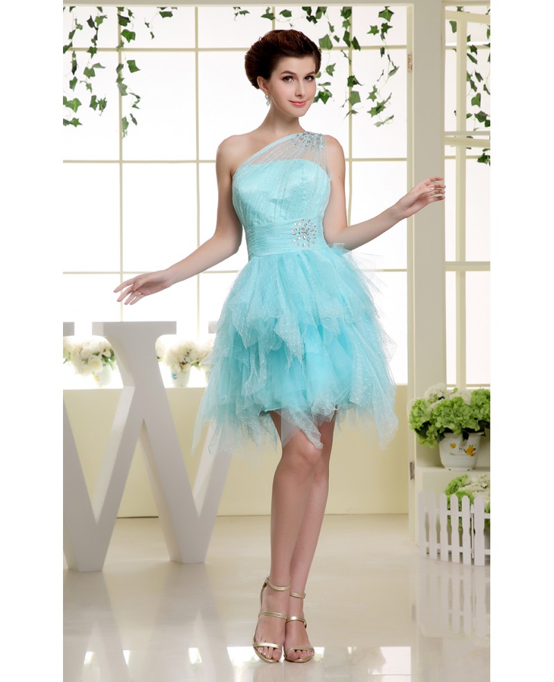 A-line One-shoulder Short Tulle Prom Dress With Cascading Ruffle - Click Image to Close