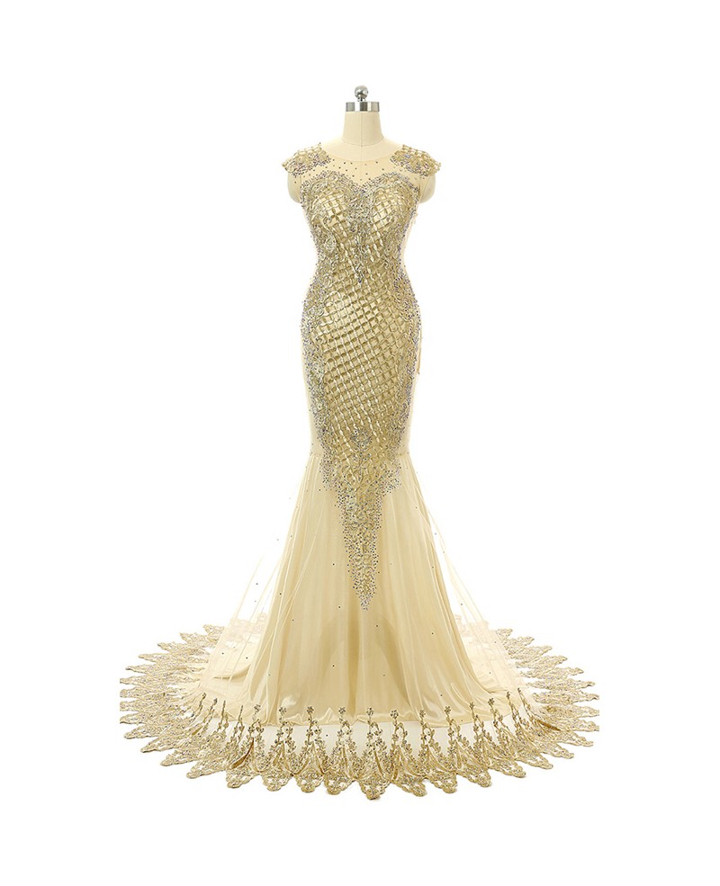 Champagne Mermaid Scoop Sweep-train Prom Dress with Beading - Click Image to Close