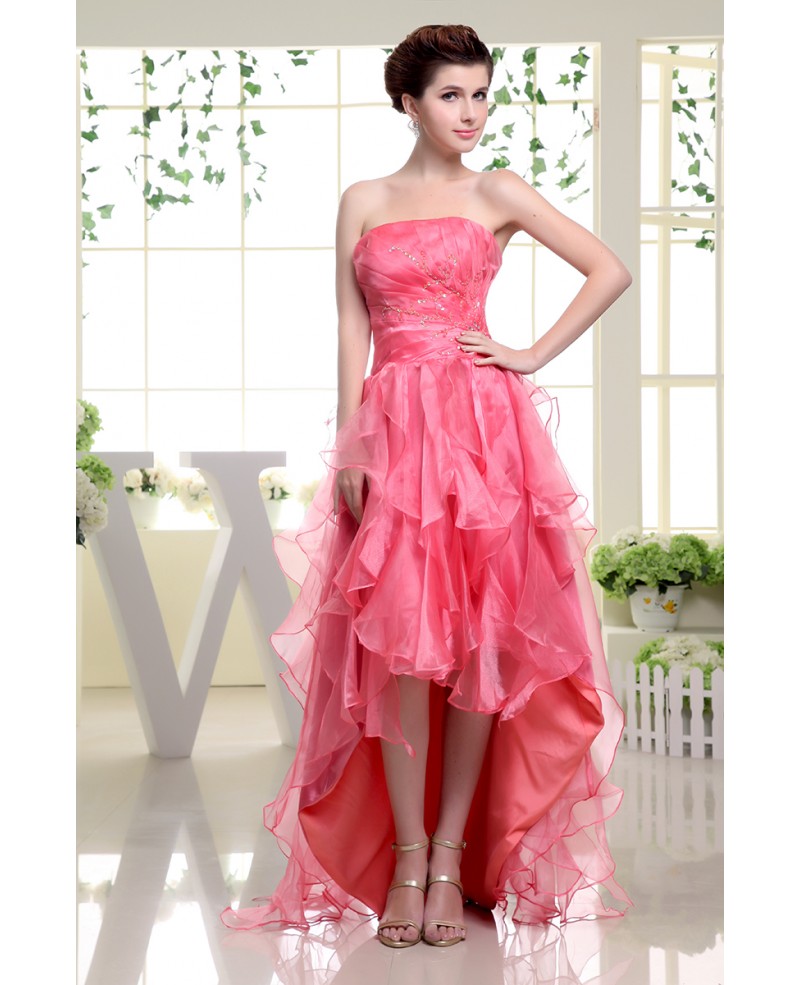 A-line Strapless Asymmetrical Tulle Prom Dress With Cascading Ruffle